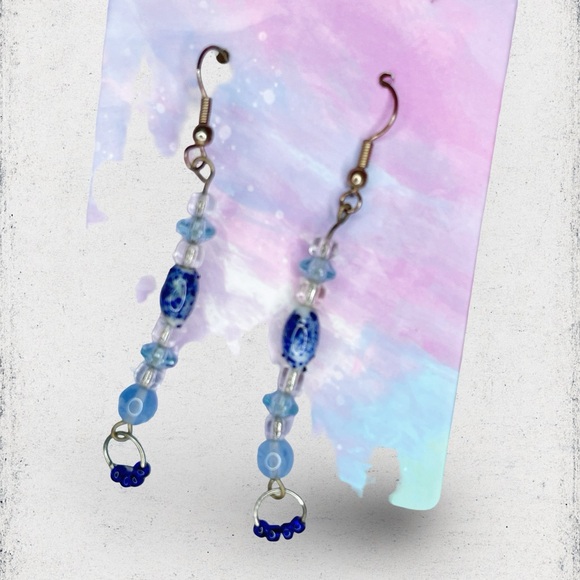 4514. Handmade Blue Beaded Dangle Earrings - Picture 3 of 4